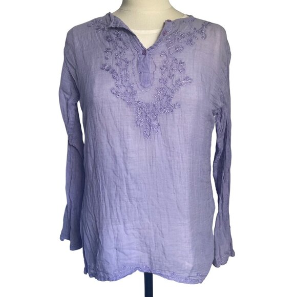 Sheer Purple Kurta Medium Long Sleeve Cotton Embroidered Tunic Shirt Boho - Picture 1 of 8